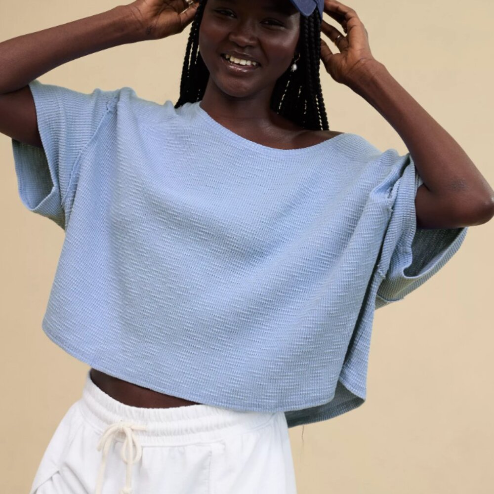 Aerie Cropped Waffle T-Shirt Monaco Blue- Small